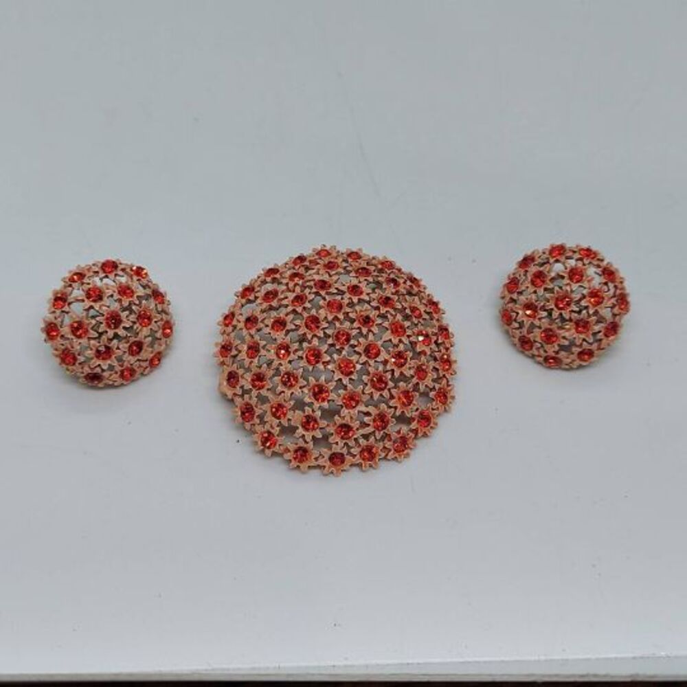 Vintage orange rhinestones dome flower brooch and earrings‎